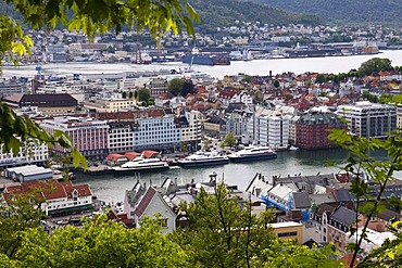 View over Bergen from the mountain of FlÂ¯yen or FlÂ¯yfjellet, Norway, Scandinavia, Europe