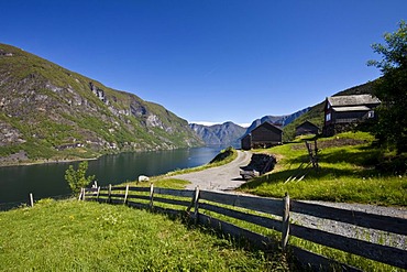 View from the old farm settlement Otternes Bygdetun towards the Aurland, Norway, Scandinavia, Europe