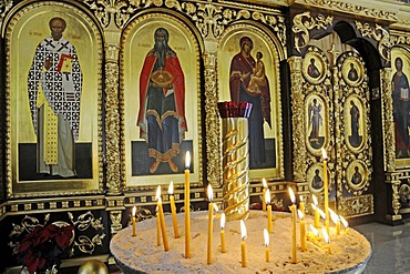 Icons, burning candles, Russian Orthodox Church, Altea, Costa Blanca, Alicante province, Spain, Europe