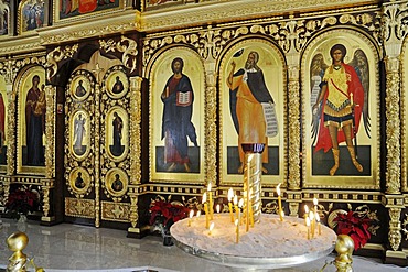 Icons, burning candles, Russian Orthodox Church, Altea, Costa Blanca, Alicante province, Spain, Europe