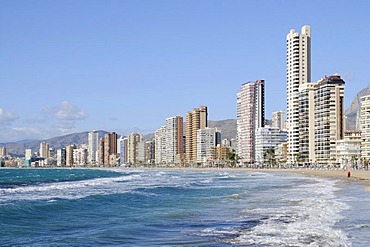 Sea, skyscrapers, Playa de Levante, Levante, beach, Benidorm, Costa Blanca, Alicante province, Spain, Europe