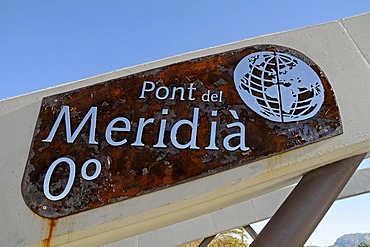 Prime meridian, globe, bridge, Beniarbeig, village, Marina Alta area, Costa Blanca, Alicante province, Spain, Europe