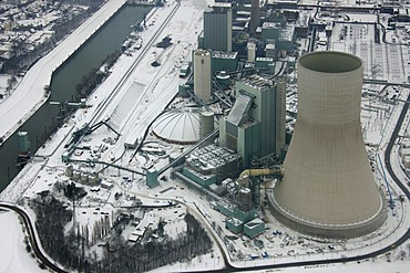 Aerial photo, cooling towers, construction site, Walsum Steal EVONIK STEAG coal power station, Snow, Duisburg, Rhein, North Rhine-Westphalia, Ruhr, Germany, Europe