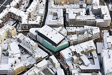 Aerial view, Konzerthaus Dortmund opera house in the snow, Brueckstrasse street, Dortmund, Ruhrgebiet region, North Rhine-Westphalia, Germany, Europe