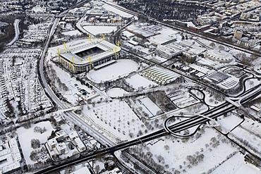 Aerial view, Westfalenhalle venue, Goldsaal venue, SignalIduna Stadion stadium, Stadion Rote Erde stadium, B54 highway, snow, Dortmund, Ruhrgebiet region, North Rhine-Westphalia, Germany, Europe