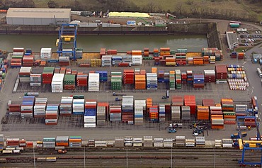 Aerial view, container terminal, container port, inland port, Duisport, Logport I, Rheinhausen, Duisburg, Ruhrgebiet region, North Rhine-Westphalia, Germany, Europe