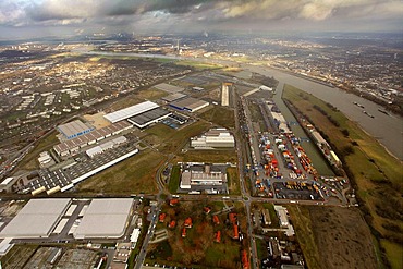 Aerial view, container terminal, container port, Rhine river, Duisport, Logport I, Rheinhausen, Duisburg, Ruhrgebiet region, North Rhine-Westphalia, Germany, Europe