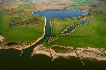 Aerial view, Grietherort, Rhine river, harbor, marina, Rees, Niederrhein region, North Rhine-Westphalia, Germany, Europe