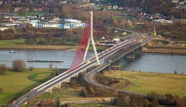 Aerial view, Rhine river, Niederrheinbruecke bridge, Wesel, Niederrhein region, North Rhine-Westphalia, Germany, Europe