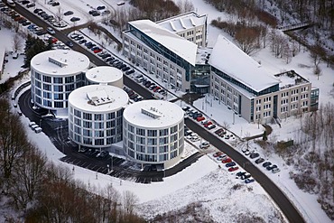 Aerial view, FEZ, Universitaet Witten-Herdecke private university in the snow, Witten, Ruhrgebiet region, North Rhine-Westphalia, Germany, Europe