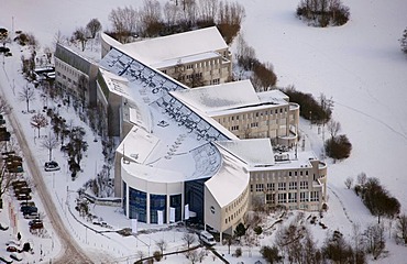 Aerial view, FEZ, Universitaet Witten-Herdecke private university in the snow, Witten, Ruhrgebiet region, North Rhine-Westphalia, Germany, Europe