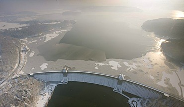 Aerial photo, Moehne Dam and Moehnesee Reservoir with ice, snow, winter, North Rhine-Westphalia, Germany, Europe