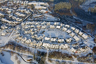 Aerial photo, residential area in the snow in winter, Olpe, North Rhine-Westphalia, Germany, Europe