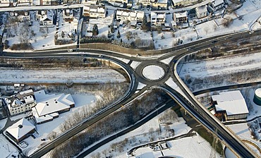 Aerial photo, street intersection in the snow in winter, Siegen, Sauerland, North Rhine-Westphalia, Germany, Europe