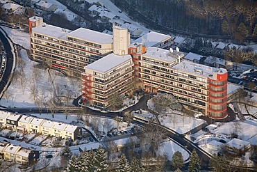 Aerial view, snow, comprehensive university Siegen, Siegen university, winter, Siegen, Sauerland area, North Rhine-Westphalia, Germany, Europe