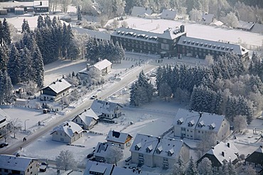 Aerial view, snow, winter, tourist office, Winterberg, North Rhine-Westphalia, Germany, Europe