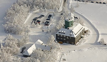 Aerial view, Mt. Kahler Asten weather station, snow, winter, Winterberg, North Rhine-Westphalia, Germany, Europe