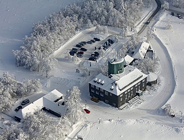 Aerial view, Mt. Kahler Asten weather station, snow, winter, Winterberg, North Rhine-Westphalia, Germany, Europe