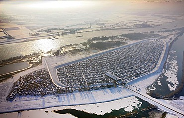 Aerial view, camping ground, winter camping, Carthusian Grav-Insel island, Wesel, North Rhine-Westphalia, Germany, Europe