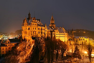 Sigmaringen Castle in winter at dusk, Baden-Wuerttemberg, Germany, Europe