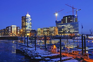 The marina in the Hamburg harbor, in the back the HTC Hanseatic Trade Center, Hamburg, Germany, Europe