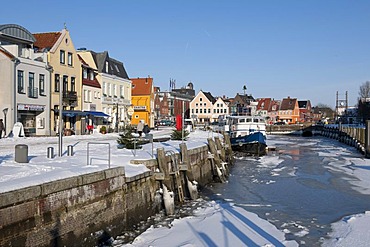 Frozen inland port, Husum, North Sea, North Frisia, Schleswig Holstein, northern Germany, Europe