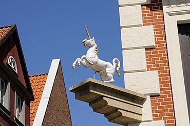 Sculpture of a unicorn, Lueneburg, Lower Saxony, Germany, Europe