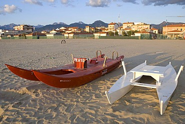 Rescue boats on the beach of Lido di Camaiore, Versilia, Riviera, Tuscany, Italy, Europa