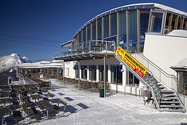 Rosshuette mountain station, 1760m, panorama terrace, restaurant, Seefeld, Tyrol, Austria, Europe