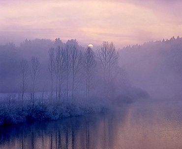 Break of dawn at Alz river, Lake Chiemsee, Chiemgau, Upper Bavaria, Germany