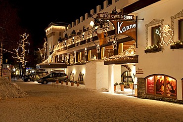 Klosterbraeu Hotel at night, 5 star spa hotel, Christmas lighting, Seefeld, Tyrol, Austria, Europe