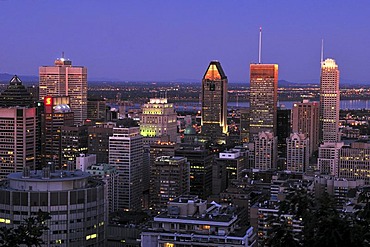 View from Mont Royal over downtown Montreal, dusk, Quebec, Canada, North America