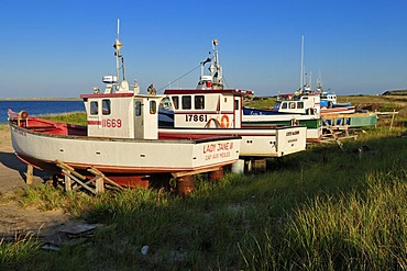 Fishingboat, lobsterboat in the harbour of Ile de Grosse Ile, Iles de la Madeleine, Magdalen Islands, Quebec Maritime, Canada, North America