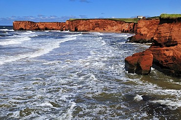 Red cliffs at La Belle Anse, Ile du Cap aux Meules, Iles de la Madeleine, Magdalen Islands, Quebec Maritime, Canada, North America