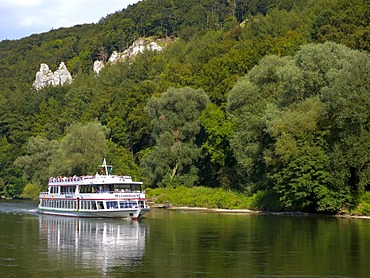 Ship, gap of danube river, near Weltenburg, Altmuehltal Nature Park, Bavaria, Germany, Europe