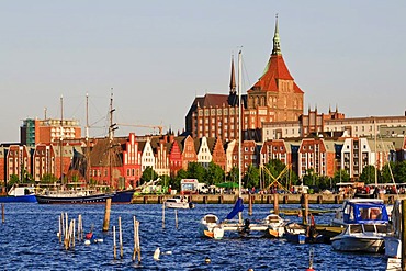 Old town with the Marienkirche church, Warnow river and harbour, Rostock, Mecklenburg-Western Pomerania, Germany, Europe