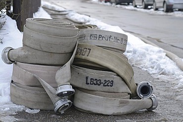 Rolled up fire hoses of the fire departement, Asperg, Baden-Wuerttemberg, Germany, Europe