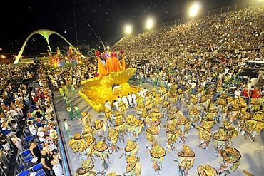 View of the Sambadrom, architect Oscar Niemeyer, during the parade of the Mocidade Independente de Padre Miguel samba school, Carnaval 2010, Sambodromo, Rio de Janeiro, Brazil, South America