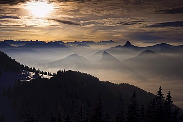 Bavarian Alps from Mt Wallenberg, winter, Upper Bavaria, Bavaria, Germany, Europe