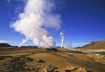 Steaming hot pots, Namaskard, solfatara fields, highlands, Iceland, Europe