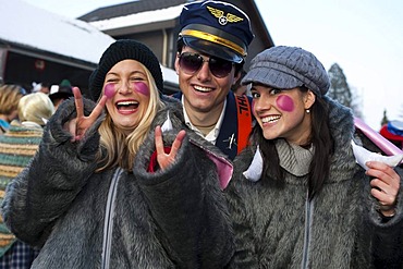 Two gray mice with a pilot at the carnival procession in Malters, Lucerne, Switzerland, Europe