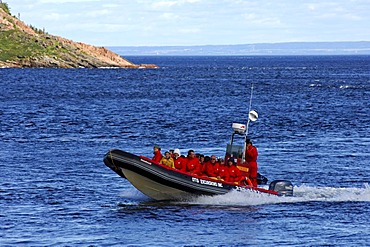 Tourists in red protective suits in an inflatable Zodiac boat, of the brand Otis Excursions Inc., whale-watching on St. Lawrence River, Tadoussac, Canada