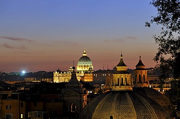 View from the Pincio to St. Peter's Basilica at dusk, Rome, Italy, Europe