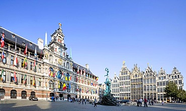 Guild houses and Silvius Brabo fountain with the city hall on the Grote Markt square, Antwerp, Flanders, Belgium, Europe