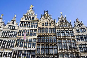 Facades of the guild houses on the Grote Markt square, Antwerp, Flanders, Belgium, Europe