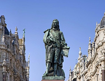 Statue of David Teniers the Younger, and art nouveau houses, Leysstraat, Antwerp, Flanders, Belgium, Europe