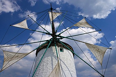 Greek windmill from Mykonos in the Internationales Wind- und Wassermuehlen-Museum international wind and water mill museum in Gifhorn, Lower Saxony, Germany, Europe