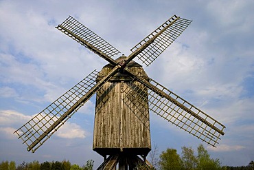 A post mill in the Internationales Wind- und Wassermuehlen-Museum international wind and water mill museum in Gifhorn, Lower Saxony, Germany, Europe