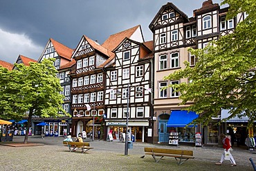 Square in front of the church of St. Basius with house facades in Hannoversch Muenden, Hesse, Germany, Europe