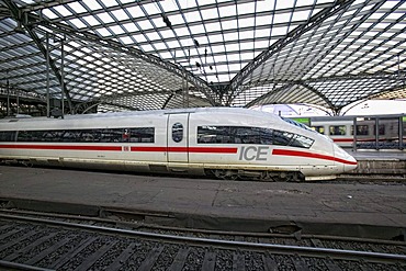 Train, ICE, stopping in the central station of Cologne, North Rhine-Westphalia, Germany, Europe